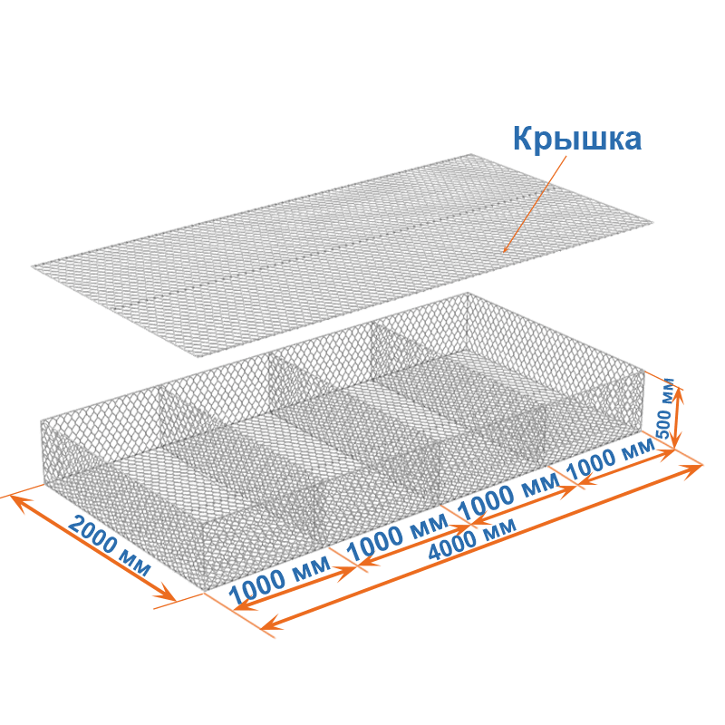 Габион матрац  ГСИ-М 4х2х0,5 оцинкованный, Ø проволоки 2,2мм, размер ячейки 6х8 см фото