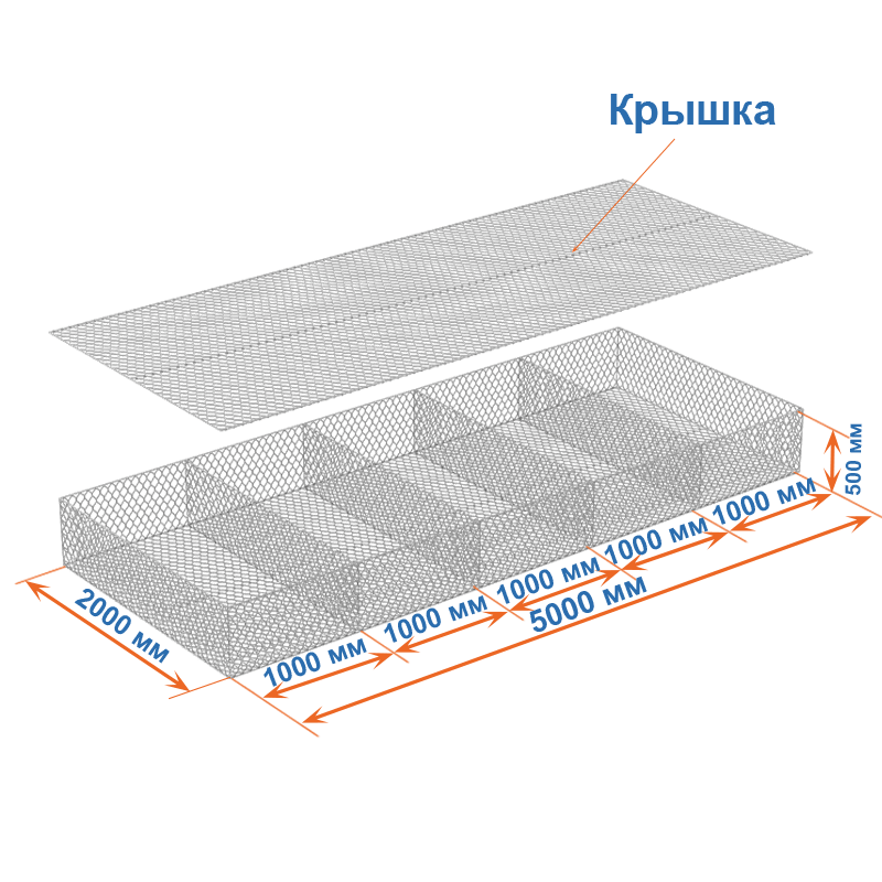 Габион матрац  ГСИ-М 5х2х0,5 оцинкованный, Ø проволоки 2,7 мм, размер ячейки 6х8 см фото
